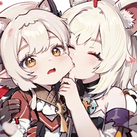 ((Masterpiece)), (High Definition:1.3), cinematic lighting, 2girl, kissing (tongue licking), cat ears, cute lips(super detail), saliva dripping, very blush, ((girl on the right open her eyes wide)), girl on the left close her eyes