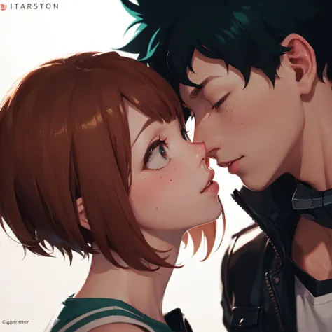 (masterpiece, best quality, ultra detailed), intricate sharp details, digital art, trending on art station, Uraraka Ochako and Izuku Midoriya kissing, Boku no Hero Academia, <lora:mha_midoriya:0.9>, by Greg Rutkowski,
