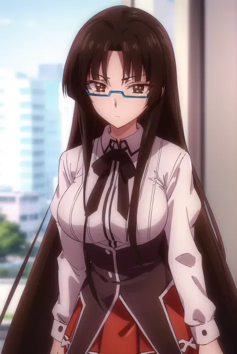 tsubakishinra, <lora:tsubaki shinra anime s2-lora-nochekaiser:1>,
tsubaki shinra, long hair, black hair, (brown eyes:1.5), glasses, semi-rimless eyewear, under-rim eyewear, (parted bangs:1.5), bangs, blunt bangs,
BREAK shirt, ribbon, school uniform, white shirt, black ribbon, neck ribbon, long sleeves, skirt, red skirt,
BREAK indoors, classroom,
BREAK looking at viewer, (cowboy shot:1.5),
BREAK <lyco:GoodHands-beta2:1>, (masterpiece:1.2), best quality, high resolution, unity 8k wallpaper, (illustration:0.8), (beautiful detailed eyes:1.6), extremely detailed face, perfect lighting, extremely detailed CG, (perfect hands, perfect anatomy),