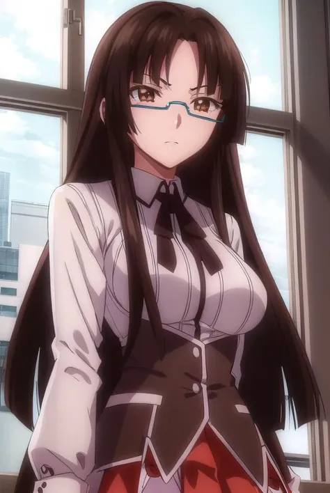 tsubakishinra, <lora:tsubaki shinra anime s2-lora-nochekaiser:1>,
tsubaki shinra, long hair, black hair, (brown eyes:1.5), glasses, semi-rimless eyewear, under-rim eyewear, (parted bangs:1.5), bangs, blunt bangs,
BREAK shirt, ribbon, school uniform, white shirt, black ribbon, neck ribbon, long sleeves, skirt, red skirt,
BREAK indoors, classroom,
BREAK looking at viewer, (cowboy shot:1.5),
BREAK <lyco:GoodHands-beta2:1>, (masterpiece:1.2), best quality, high resolution, unity 8k wallpaper, (illustration:0.8), (beautiful detailed eyes:1.6), extremely detailed face, perfect lighting, extremely detailed CG, (perfect hands, perfect anatomy),