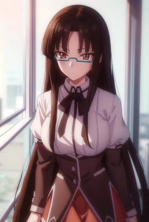 tsubakishinra, <lora:tsubaki shinra anime s2-lora-nochekaiser:1>,
tsubaki shinra, long hair, black hair, (brown eyes:1.5), glasses, semi-rimless eyewear, under-rim eyewear, (parted bangs:1.5), bangs, blunt bangs,
BREAK shirt, ribbon, school uniform, white shirt, black ribbon, neck ribbon, long sleeves, skirt, red skirt,
BREAK indoors, classroom,
BREAK looking at viewer, (cowboy shot:1.5),
BREAK <lyco:GoodHands-beta2:1>, (masterpiece:1.2), best quality, high resolution, unity 8k wallpaper, (illustration:0.8), (beautiful detailed eyes:1.6), extremely detailed face, perfect lighting, extremely detailed CG, (perfect hands, perfect anatomy),