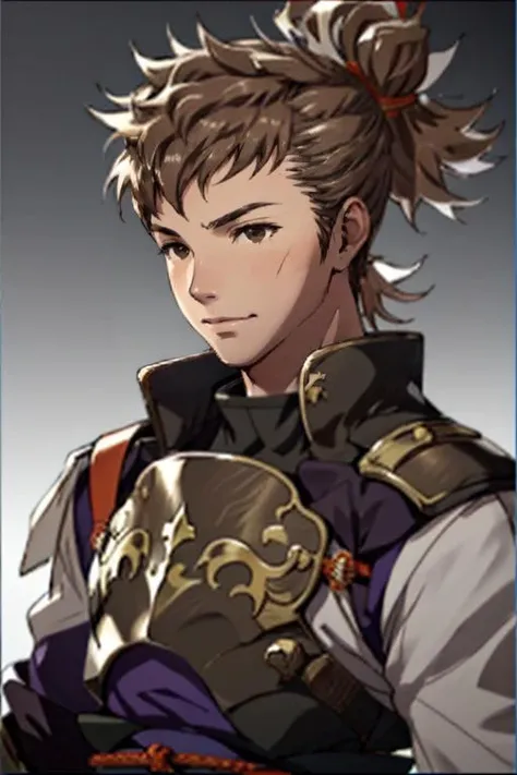 Hinata_Fire_Emblem, solo, brown hair, gloves, 1boy, brown eyes, male focus, armor, scar, <lora:Hinata_Fire_Emblem:1>, ponytail, ultra realistic,32k,RAW photo,(high detailed skin:1.2), 8k uhd, dslr, soft lighting, high quality, film grain