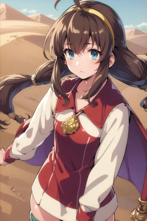 outdoors, desert, 1girl, standing, solo, upper body,
<lora:lilka70:1>, lilka eleniak, red skirt, ahoge, sidelocks, low tied hair, zettai ryouiki,