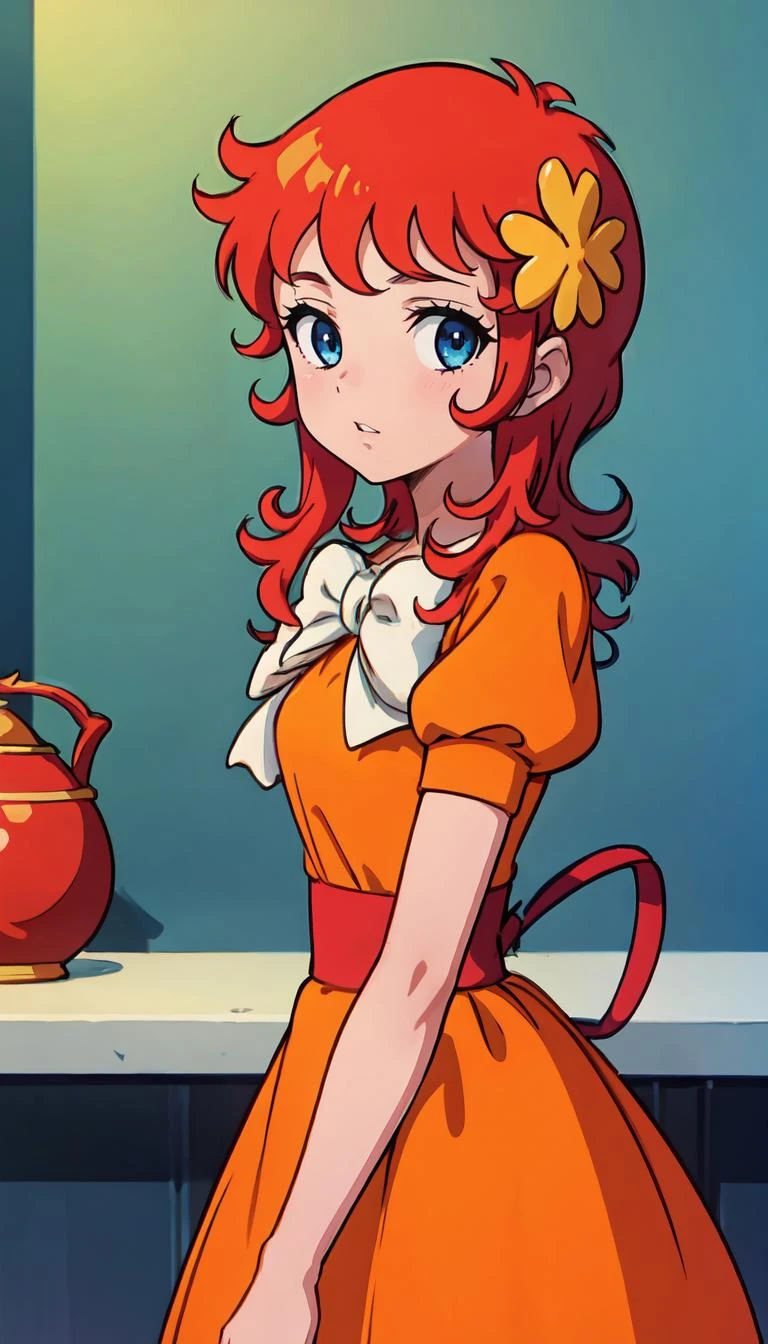 (straight-on:1.1),upper body,BREAK
ANIME_kanzaki_megu_ownwaifu,www.ownwaifu.com,
long hair,red hair,flower,hair flower,breasts,aqua eyes,
hair ornament, dress,skirt,orange dress,orange skirt,bow,jewelry,orange shirt,puffy sleeves,puffy short sleeves,short sleeves,red ribbon, white bow, short dress,
(retro artstyle,1970s_(style)),
<lora:ANIME_kanzaki_megu_ownwaifu:0.6>, BREAK, 1girl, solo, looking at viewer, upper body, official art, highres, scenery, (masterpiece:1.1), (best quality,:1.1), (high quality:1.1), (anime screencap:1.2),