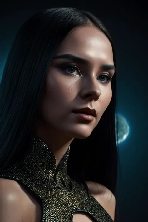 a black and Silver Gold dotted face of liona with dots on it,  in the style of futuristic space elements glamour,  animated gifs,  stefan gesell,  algorithmic artistry,  android jones,  tim hildebrandt,  pop art with a dark sine of the moon Blade runner star child side consumer culture,  close-up <lora:liona:1>