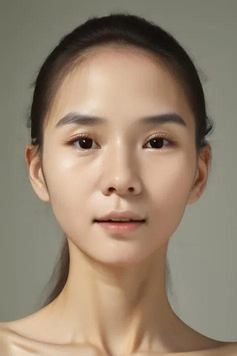 Studio photo, face close-up, Han liona, front view, simple grey background, extremely detailed face and body, fully naked <lora:liona:1.2>
