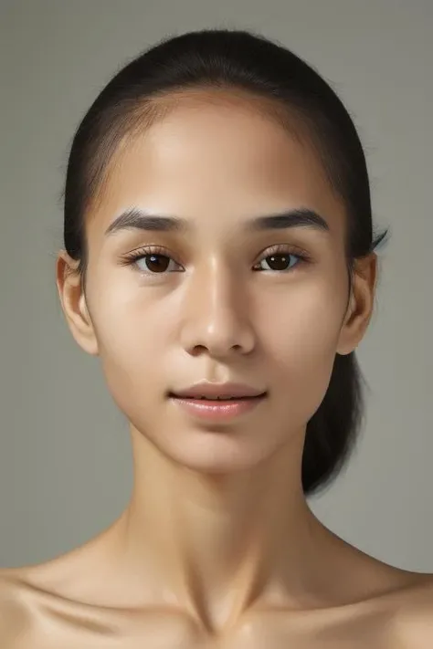 Studio photo, face close-up, Tahitian liona, front view, simple grey background, extremely detailed face and body, fully naked <lora:liona:1>
