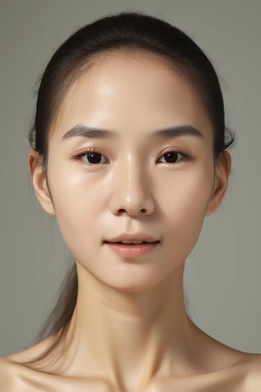 Studio photo, face close-up, Han liona, front view, simple grey background, extremely detailed face and body, fully naked <lora:liona:1>