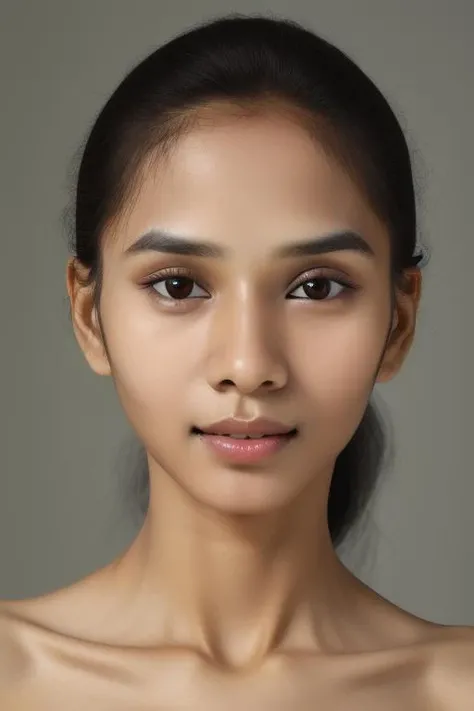 Studio photo, face close-up, Tamil liona, front view, simple grey background, extremely detailed face and body, fully naked <lora:liona:1>