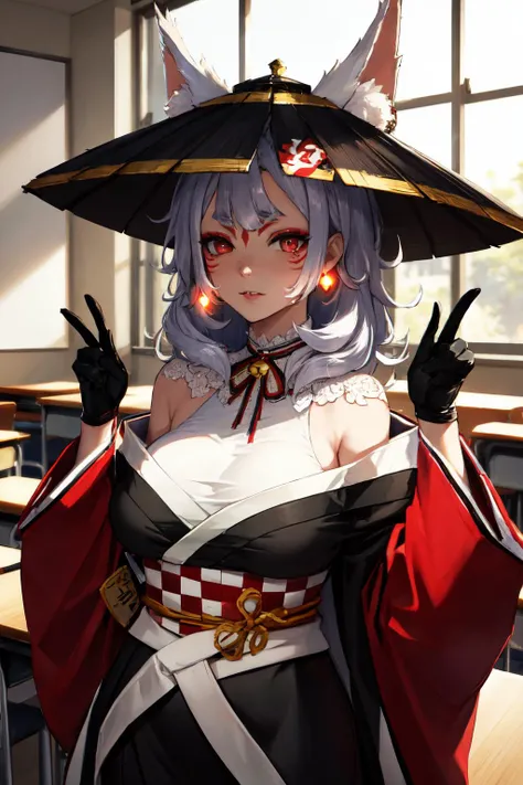 masterpiece, (detailed, highres, best quality), <lora:spninaKosaka:1> kosaka1st, medium hair, facial mark, red eyeshadow, forehead mark, makeup, fox ears, animal ear fluff, fox tail, multiple tails, single earring, black gloves, halterneck, black kimono, off shoulder, red kimono, obi, checkered sash, neck ribbon, neck bell, black headwear, blurry, blurry background, classroom, desk, film grain, indoors, school desk, window, hands up, looking at viewer, pout, solo