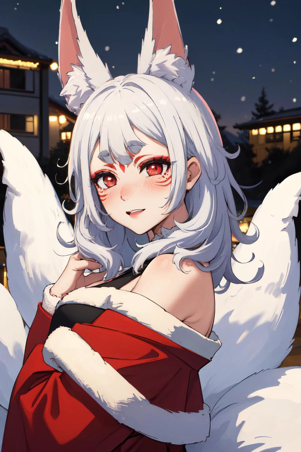 masterpiece, (detailed, highres, best quality), <lora:spninaKosaka:1> kosaka1st, medium hair, facial mark, red eyeshadow, forehead mark, makeup, fox ears, animal ear fluff, fox tail, multiple tails, christmas, christmas outfit, snowy, freezing, blush, freezed cheeks, puffy cheeks