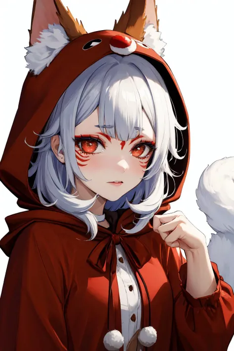 masterpiece, (detailed, highres, best quality), 1girl, <lora:reindeer-outfit-richy-v1:1> reindeer costume, hood up, <lora:spninaKosaka:0.8> kosaka1st, medium hair, facial mark, red eyeshadow, forehead mark, makeup, fox ears, animal ear fluff, fox tail, multiple tails