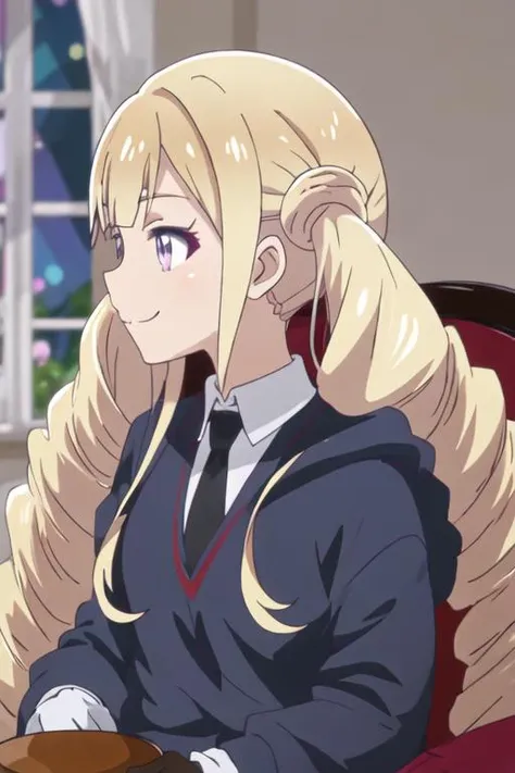 best quality, masterpiece, highres, solo, {shiahuoshiyuroze_kumakumakumabear:1.15}, blonde_hair, long_hair, twintails, purple_eyes, drill_hair, bangs, necktie, smile, 1girl, anime_coloring, closed_mouth, profile, sitting, brown_gloves, long_sleeves, sidelocks, upper_body, couch, twin_drills