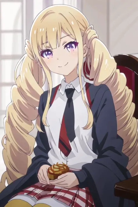 best quality, masterpiece, highres, solo, {shiahuoshiyuroze_kumakumakumabear:1.15}, blonde_hair, long_hair, twintails, purple_eyes, drill_hair, bangs, necktie, smile, 1girl, anime_coloring, closed_mouth, sitting, twin_drills