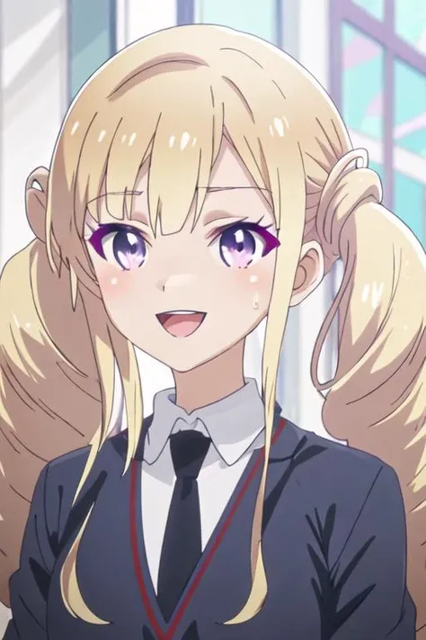 best quality, masterpiece, highres, solo, {shiahuoshiyuroze_kumakumakumabear:1.15}, blonde_hair, long_hair, twintails, purple_eyes, drill_hair, bangs, necktie, smile, 1girl, blush, school_uniform, parody, :d, open_mouth