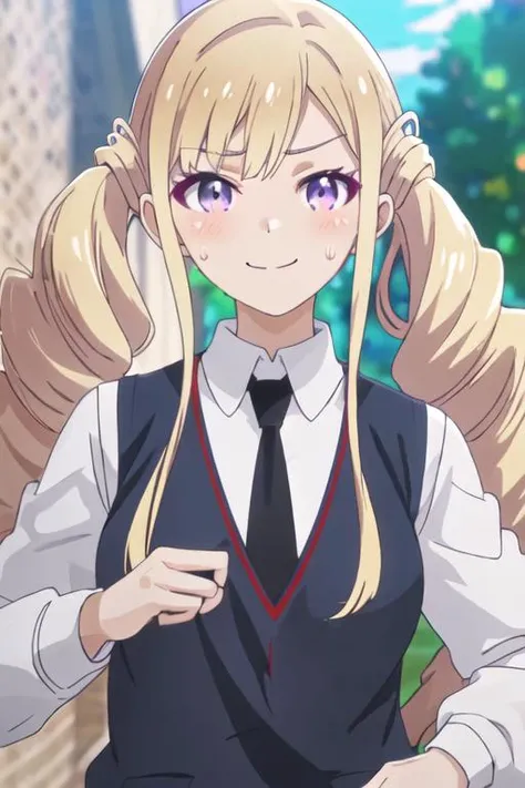 best quality, masterpiece, highres, solo, {shiahuoshiyuroze_kumakumakumabear:1.15}, blonde_hair, long_hair, twintails, purple_eyes, drill_hair, bangs, necktie, smile, 1girl, black_necktie, blush, closed_eyes, closed_mouth, collared_shirt, outdoors, school_uniform, shirt, sweatdrop, upper_body, vest, white_shirt, sidelocks, sweater_vest, blurry, blurry_background