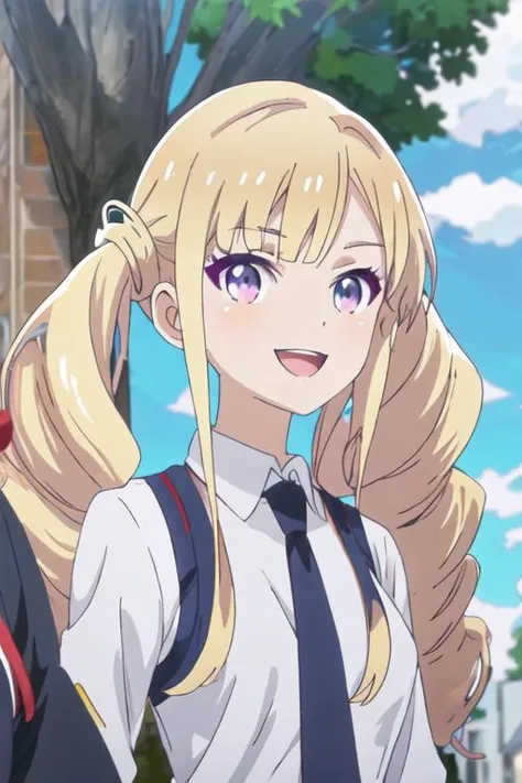 best quality, masterpiece, highres, solo, {shiahuoshiyuroze_kumakumakumabear:1.15}, blonde_hair, long_hair, twintails, purple_eyes, drill_hair, bangs, necktie, smile, 1girl, :d, anime_coloring, blue_sky, blurry, blush, cloud, day, open_mouth, outdoors, sky, tree, brooch, building, upper_body, blurry_background, sidelocks, depth_of_field, jewelry, looking_to_the_side