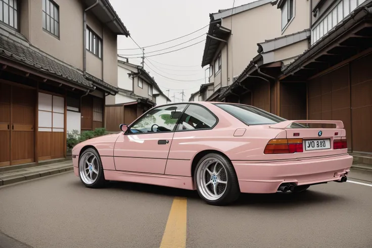 light pink BMW850 on a narrow kyoto alley, japanese architecture, foggy street at night, bokeh, depth of field, 1 car, <lora:BMW850:0.8>