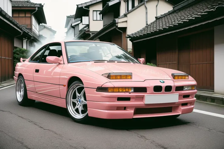 light pink BMW850 on a narrow kyoto alley, japanese architecture, foggy street at night, bokeh, depth of field, 1 car, <lora:BMW850:0.8>