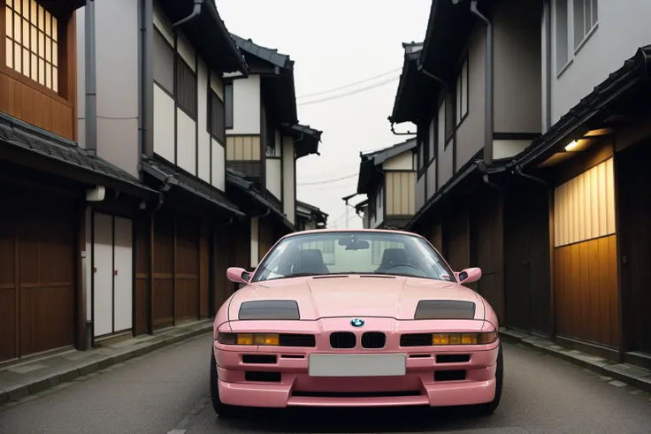 light pink BMW850 on a narrow kyoto alley, japanese architecture, foggy street at night, bokeh, depth of field, 1 car, <lora:BMW850:0.8>