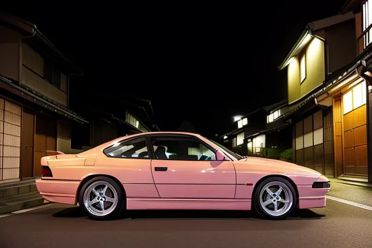 light pink BMW850 on a narrow kyoto alley, japanese architecture, foggy street at night, bokeh, depth of field, 1 car, <lora:BMW850:0.8>