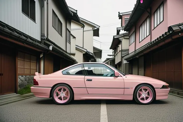 light pink BMW850 on a narrow kyoto alley, japanese architecture, foggy street at night, bokeh, depth of field, 1 car, <lora:BMW850:0.8>