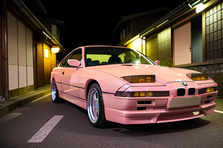 light pink BMW850 on a narrow kyoto alley, japanese architecture, foggy street at night, bokeh, depth of field, 1 car, <lora:BMW850:0.8>
