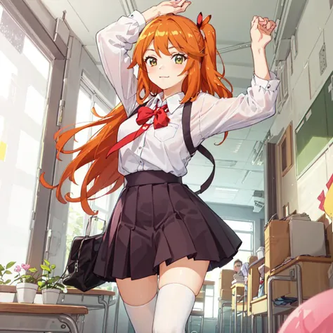 (best quality,masterpiece,extremely detailed CG unity 8k wallpaper,office art:1.2),ultra-detailed,realistic:1.37,portraits,vivid colors,sharp focus,extremely detailed eyes and face,long eyelashes,beautiful detailed eyes,beautiful detailed lips,white shirt,red skirt,socks,double tails
break
A girl with double tails wearing a white shirt and a red skirt stands confidently in front of a vividly colored office. The detailed CG unity 8k wallpaper in the background displays an ultra-detailed and realistic portrait of the girl. Her eyes are extremely detailed, featuring long eyelashes and beautiful details. The sharp focus captures every intricate feature of her face, highlighting her expressive eyes and lips. The office art atmosphere enhances the overall aesthetic quality of the image, making it a true masterpiece. The girl's outfit, consisting of a white shirt, a red skirt, and matching socks, adds vibrant dashes of color to the composition. The inclusion of double tails further accentuates her unique personality. The attention to detail and vivid colors make this artwork a visually stunning and captivating piece.