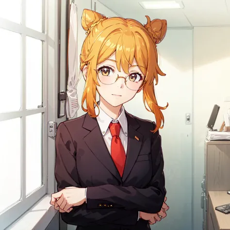 AobaYuki/(denchi-project/), solo,1girl, <lora:AobaYukiV2:0.5>, hair bun, glasses, simple background, looking at viewer, business suit,