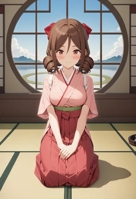 1girl, official wallpaper, seiza, pink kimono, red hakama, hakama skirt, green waist, twin drills, brown hair, dark red eyes, red bow, hair bow, anchor, blush, breasts, (short sleeves), wide sleeves, smile, natural lighting,  (masterpiece, best quality), detailed scenery, blue sky, tatami, round window, (3d render:0.5), <lora:kamikazes_animaginexl_2-44:0.8>
BREAK white ribbon trim, parted bangs, hair between eyes,