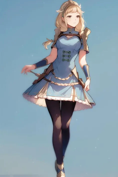 <lora:goldmaryfe:0.7> goldmary, single braid, hair over shoulder, hair ornament., <lora:clair-nvwls-v1-final:0.7>, clair, helmet, blue dress, shoulder armor, gloves, black pantyhose, high heels,