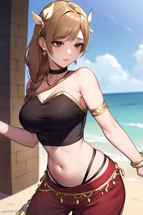 <lora:goldmaryfe:0.7> goldmary, single braid, hair over shoulder, hair ornament., bare_shoulders, bracelet, black crop_top, earrings, jewelry, lips, red eyeliner, midriff, navel, gold choker, maroon harem pants, waist chain, sleeveless, navel_piercing, dancer, gold_trim.