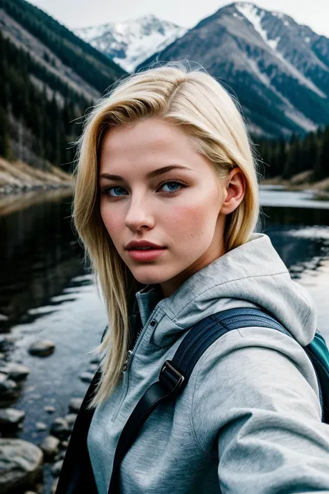 ((selfie)) photo of beautiful blonde (sgrey140:0.99), a woman, outdoors, mountains, wearing a backpack, sweater, and hiking jacket, rocks, river, wood, analog style (look at viewer:1.2) (skin texture), close up, 85mm, cinematic light, sidelighting, Fujiflim XT3, DSLR, epiCPhoto
