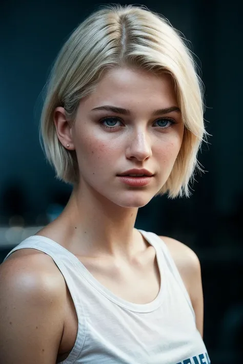 photo of (s4r4hgrey-135:0.99), a beautiful woman, perfect platinum blonde short hair, (King Blue graphic tee), 85mm, (analog, cinematic, film grain, hazy atmosphere:1.3), ((plain Pacific Blue background, jazz club:1.2)), detailed eyes, (seductive), (epicPhoto), (looking at viewer), jewelry, (cinematic shot:1.3), PA7_Portrait-HL_v2