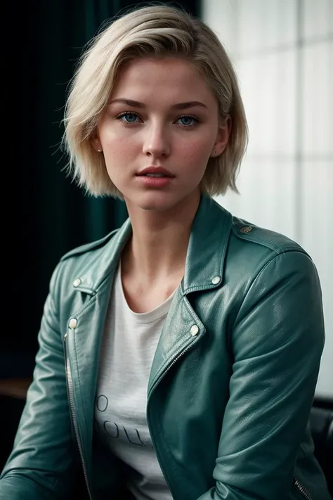 photo of (s4r4hgrey-135:0.99), a beautiful woman, perfect platinum blonde short hair, (Carolina Blue leather jacket and long sleeve top), 85mm, (analog, cinematic, film grain, hazy atmosphere:1.3), ((plain Columbia Green background, jazz club:1.2)), detailed eyes, (seductive), (epicPhoto), (looking at viewer), jewelry, (cinematic shot:1.3), PA7_Portrait-HL_v2