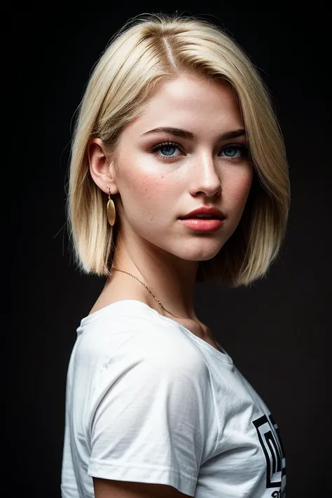 photo of seductive (sgrey140:0.99), a beautiful woman, perfect blonde hair, (modern photo), (Watermelon  graphic tee), ((plain Cocoa Brown background gradient:1.1)), 85mm, (analog, cinematic, film grain:1.3), detailed eyes, earrings, (epicPhoto), (looking at viewer:1.1), (cinematic shot:1.3), PA7_Portrait-HL_v2