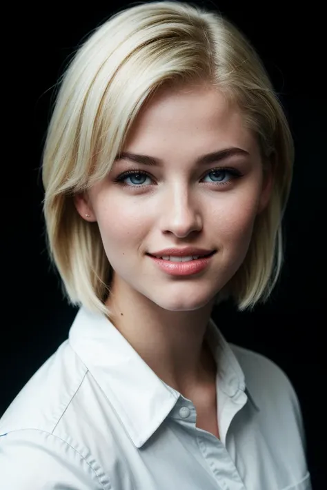 photo of seductive (sgrey140:0.99), a beautiful woman, perfect short blonde hair, (smiling), (modern photo), (Siena Brown  button up shirt), ((plain Chrome background gradient:1.1)), closeup portrait, 85mm, (analog, cinematic, film grain:1.3), detailed eyes, necklace, (epicPhoto), (looking at viewer:1.1), (cinematic shot:1.3)