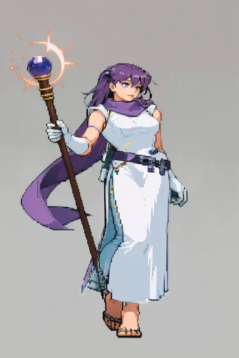 masterpiece, best quality, simple background, full body, white background, <lora:Cps2V2_Fp:1> <lora:serra-nvwls-v1-final:1> serra, purple eyes, long white dress, belt, elbow gloves, purple scarf, holding staff