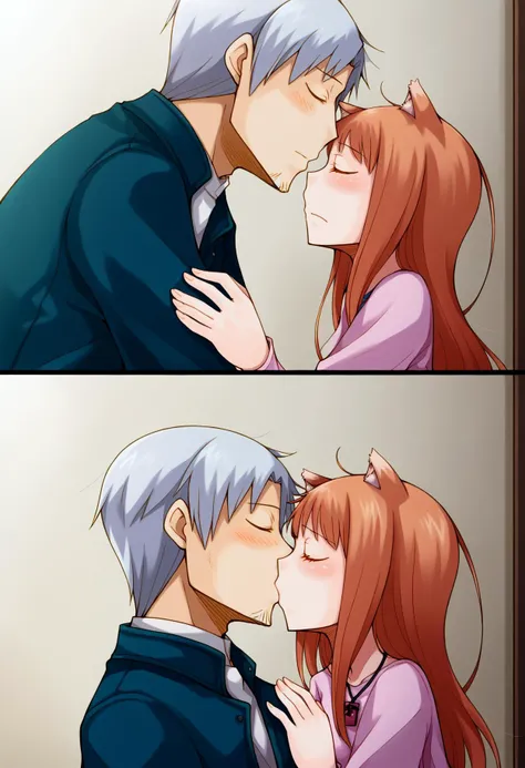 score_9, best quality, masterpiece, uncensored, source_anime
BREAK
1girl, long hair, blush, shirt, 1boy, animal ears, closed eyes, upper body, hetero, wolf ears, couple, kiss, holo
<lora:ayakura_juu_pony_v2:1>