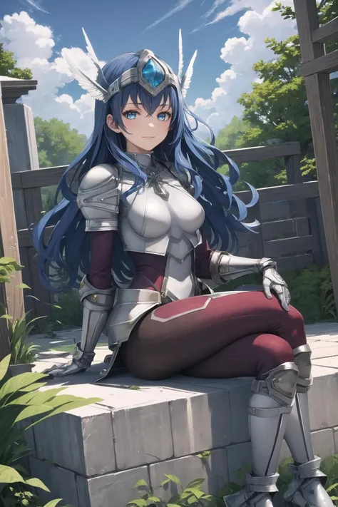 best quality, (masterpiece:1.2), illustration, absurdres,
(1girl, solo), (beautiful detailed girl),
<lora:Ennea-08:0.8>, blue hair, long hair, wavy hair, blue eyes, medium breasts,
armor, armored_dress, winged visor, wing ornament, bodysuit, black_bodysuit, pantyhose, armored_boots, greaves, red skirt, red waistcloak,
relaxed, gentle smile, looking at viewer,
magical forest, flowers, sky, clouds