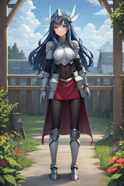 best quality, (masterpiece:1.2), illustration, absurdres,
(1girl, solo), (beautiful detailed girl),
<lora:Ennea-08:0.8>, blue hair, long hair, wavy hair, blue eyes, medium breasts,
armor, armored_dress, winged visor, wing ornament, bodysuit, black_bodysuit, pantyhose, armored_boots, greaves, red skirt, red waistcloak,
relaxed, gentle smile, looking at viewer,
magical forest, flowers, sky, clouds