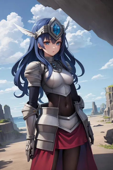 best quality, (masterpiece:1.2), illustration, absurdres,
(1girl, solo), (beautiful detailed girl),
<lora:Ennea-08:0.8>, blue hair, long hair, wavy hair, blue eyes, medium breasts, armor, armored_dress, winged visor, wing ornament, bodysuit, black_bodysuit, pantyhose, armored_boots, greaves, red skirt, red waistcloak, relaxed, gentle (astonished )(cowboy shot), (legs apart) (inside a mysterious mystical cave with colorful plants), (fantasy:1.2), (floating dust particles) (stalagmites and rock formations), sky and clouds visible from hole in roof, godrays, raytracing
