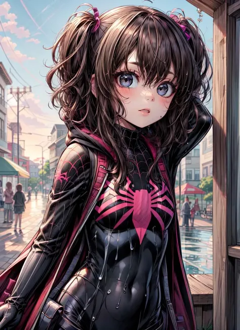 ((best quality)), ((highly detailed)), masterpiece, absurdres, (detailed eyes, deep eyes), <lora:more_details:.4>, (1girl), <lora:age_slider_v2:-3.5>, upper body, <lora:spider_oc:1>, spider_oc, superhero, (bodysuit), hooded bodysuit, hood, cropped jacket, <lora:hairdetailer:.5>, innocent, wide eyes, big eyes, cute, breasts, rainbow_gradient sundress, maxi dress, (outside, at a pond, <lora:WetHair:.5>, wet hair, morning, sunrise)