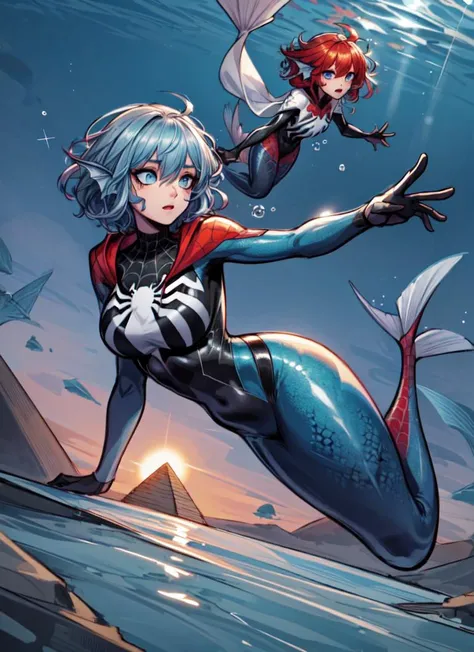 ((best quality)), ((highly detailed)), masterpiece, absurdres, detailed face, beautiful face, (detailed eyes, deep eyes), <lora:more_details:.3>, (1girl), depth of field, dynamic pose, full body, (((very wide shot))), <lora:spider_oc:1>, spider_oc, superhero, (bodysuit), hooded bodysuit, hood, cropped jacket, spider web, <lora:hairdetailer:.6>, <lora:aiomonstergirls_loraLocon:.4>, <lora:animeMermaid_v10:1>, (mermaid), ((multicolored hair)), grey hair, short hair, (floating hair), blue eyes, fins, head fins, underwater, (outside, at a desert, sand, pyramid, morning, sunrise)