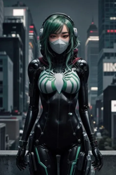 cybernetic robot cybernetic style biomechanical cyberpunk masterpiece,best quality,absurdres,high details,8K,photorealistic,amazing body,at distance,cowboy shot,posing,flirting,(playful gaze, smirking:1.1),1girl,<lora:spider_oc:1>,spider_oc,(toxic_green hairbodysuit:1.33),short hair,blonde hair,(hooded bodysuit:1.2),superhero,long hair,toxic_green hair,<lora:techpunkmask_v0.5:0.5>,techpunkmask,rooftop of the skyscraper, cyberpunk cityscape, night . cybernetics, human-machine fusion, dystopian, organic meets artificial, dark, intricate, highly detailed . futuristic, technological, cybernetic enhancements, robotics, artificial intelligence themes . android, AI, machine, metal, wires, tech, futuristic, highly detailed