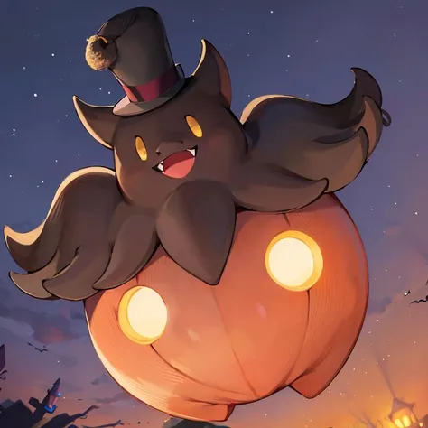 ((masterpiece,best quality)), absurdres,
<lora:Pumpkaboo_Pokemon_Anime:0.8>, Pumpkaboo_Pokemon, no humans, pokemon \(creature\), top hat,
solo, smiling, looking at viewer,
night sky,