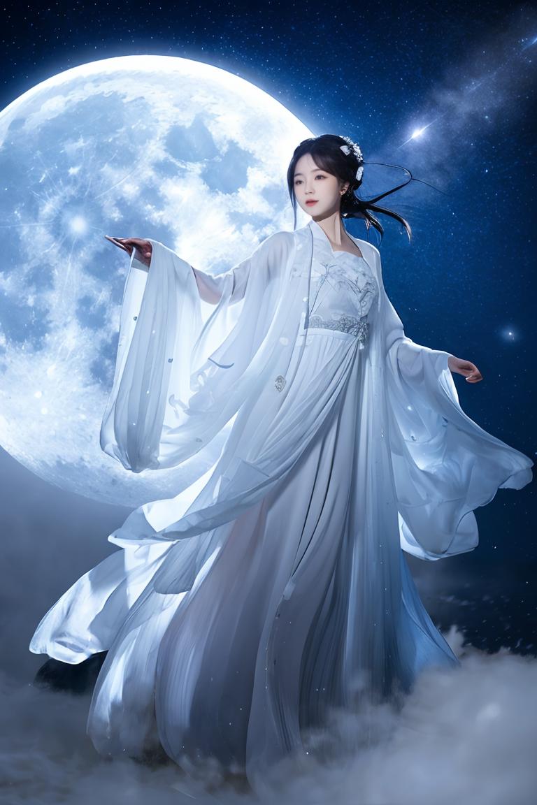 A woman in a white dress is standing in the clouds - SeaArt AI