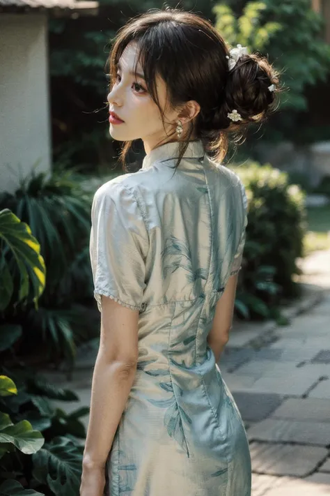 blurry, depth_of_field, earrings, 1girl, blurry_background, jewelry, blurry_foreground, solo, dress, hair_bun, lipstick, brown_eyes, makeup, brown_hair, looking_back, photo_\(medium\),extremely detailed CG unity 8k wallpaper,masterpiece, best quality, ultra-detailed, beautiful detailed eyes:1.2,best illumination, (best shadow, an extremely delicate and beautiful, bloom),(masterpiece:1,2), best quality, masterpiece, highres, original, extremely detailed wallpaper, perfect lighting,(extremely detailed CG:1.2), drawing, paintbrush,<lora:qipaoxiezhen:0.7>,<lora:ç»èè°æ´ add_detail:0.8> <lora:åå
´ MengX girl_Mix_V40:0.8>