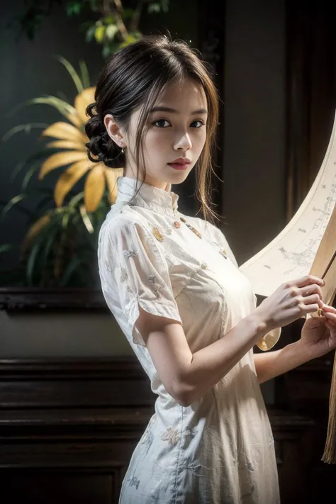 (Oil painting: 1.5),
\\
A woman with long black hair and white flowers in her hair sits in front of a Chinese landscape painting, white dress (Amy Saul: 0.248), (Stanley Ateg Liu: 0.106), (a detailed painting: 0.353), (Gothic art: 0.106)