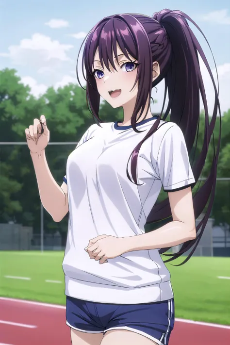 best quality, ((masterpiece)), highly detailed, outdoors, school, track,
1girl, solo, <lora:chara_Isleve_KanzakiRin_v1:0.8>, kanzaki rin,
looking at the viewer, slight smile, open mouth, standing,
deep purple eyes, dark purple hair, long hair, ponytail, (white shirt:1.4), (dark blue shorts:1.4), gym uniform